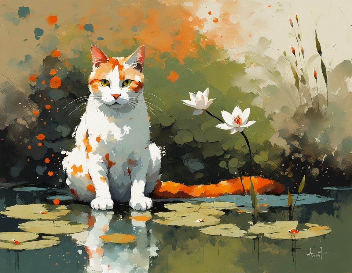 Calico Cat Contemplates Koi Pond, in Impressionist Style