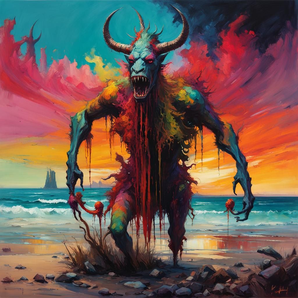Skinless Nuckelavee on Seashore in Fauvist Style