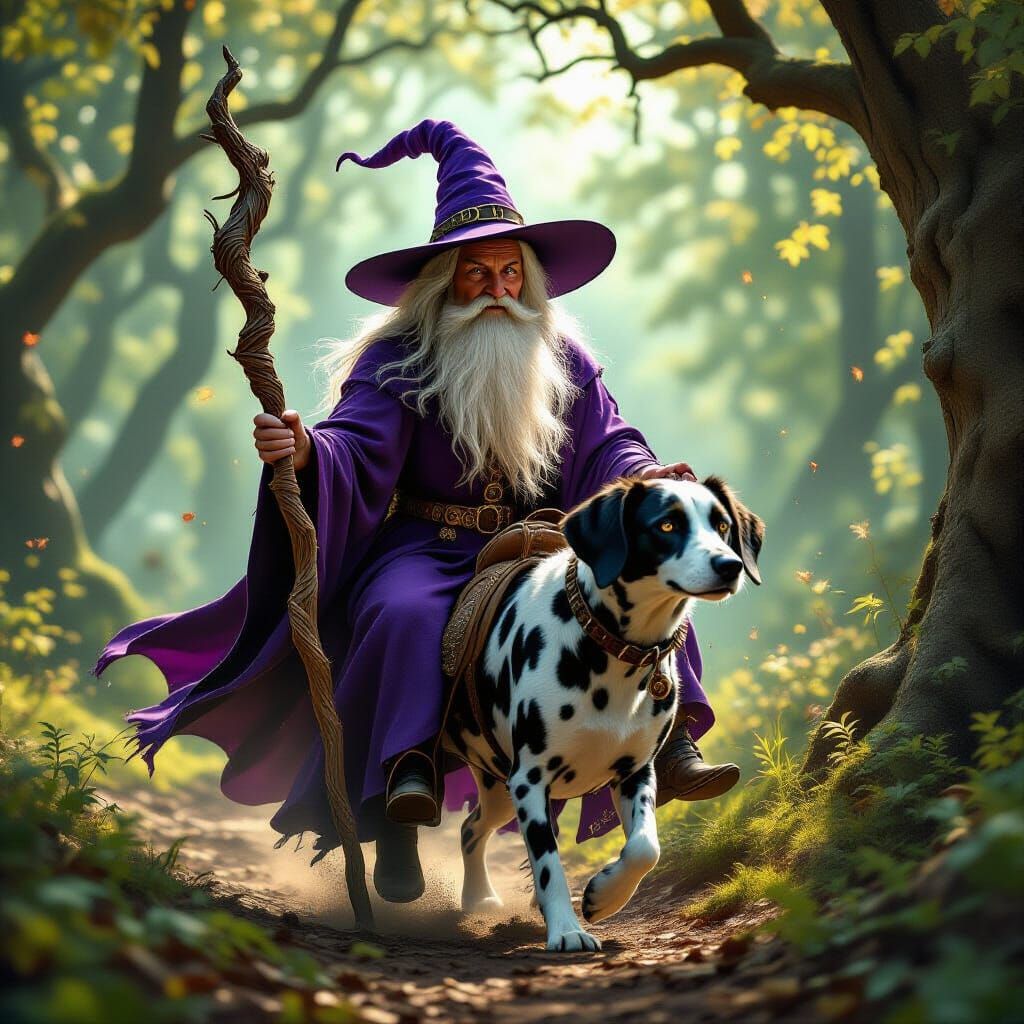 Old Witch Rides Dalmatian Through Enchanted Forest
