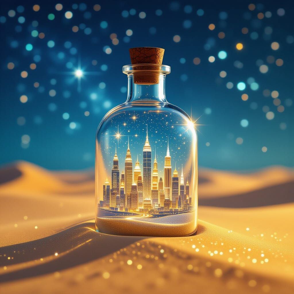 City in a Bottle: Shimmering Lights and Starry Sky