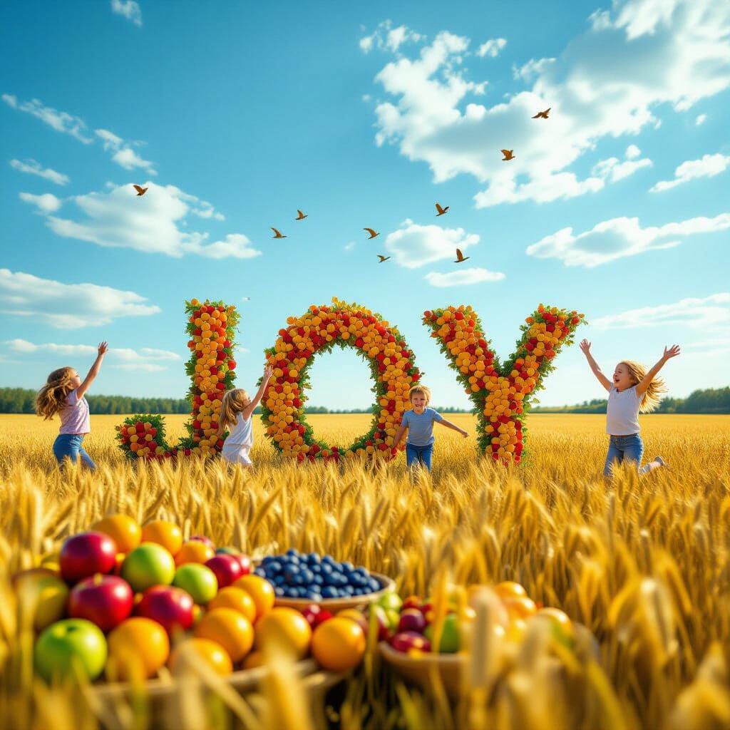 Golden Wheat Field With Fruit Spelling JOY And Children Play...