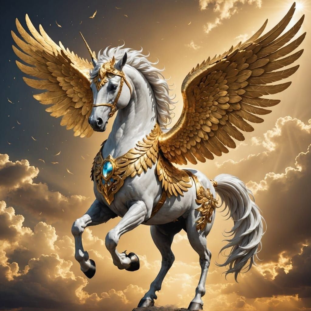 Magnificent Pegasus with Shining Gold Wings