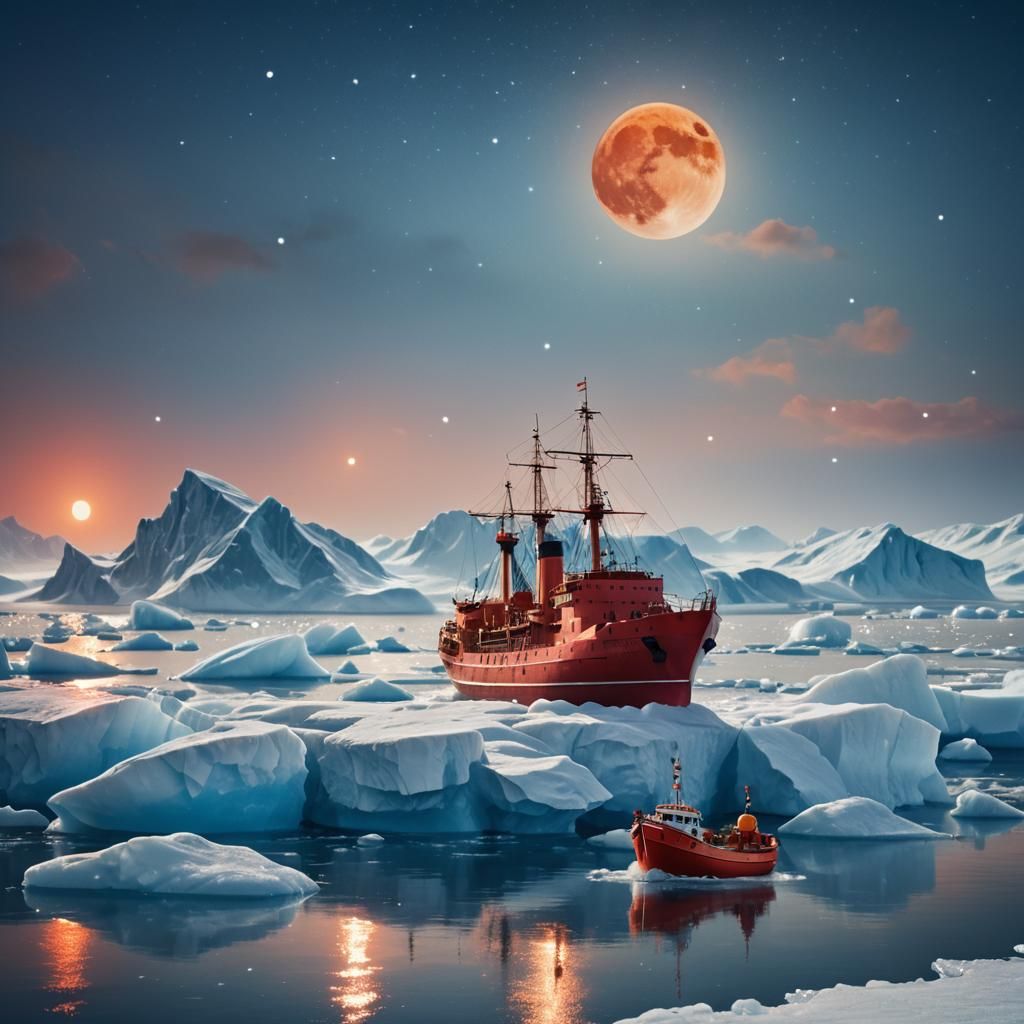 Red Ship on Iceberg in Blue Ocean: Fantastical Art