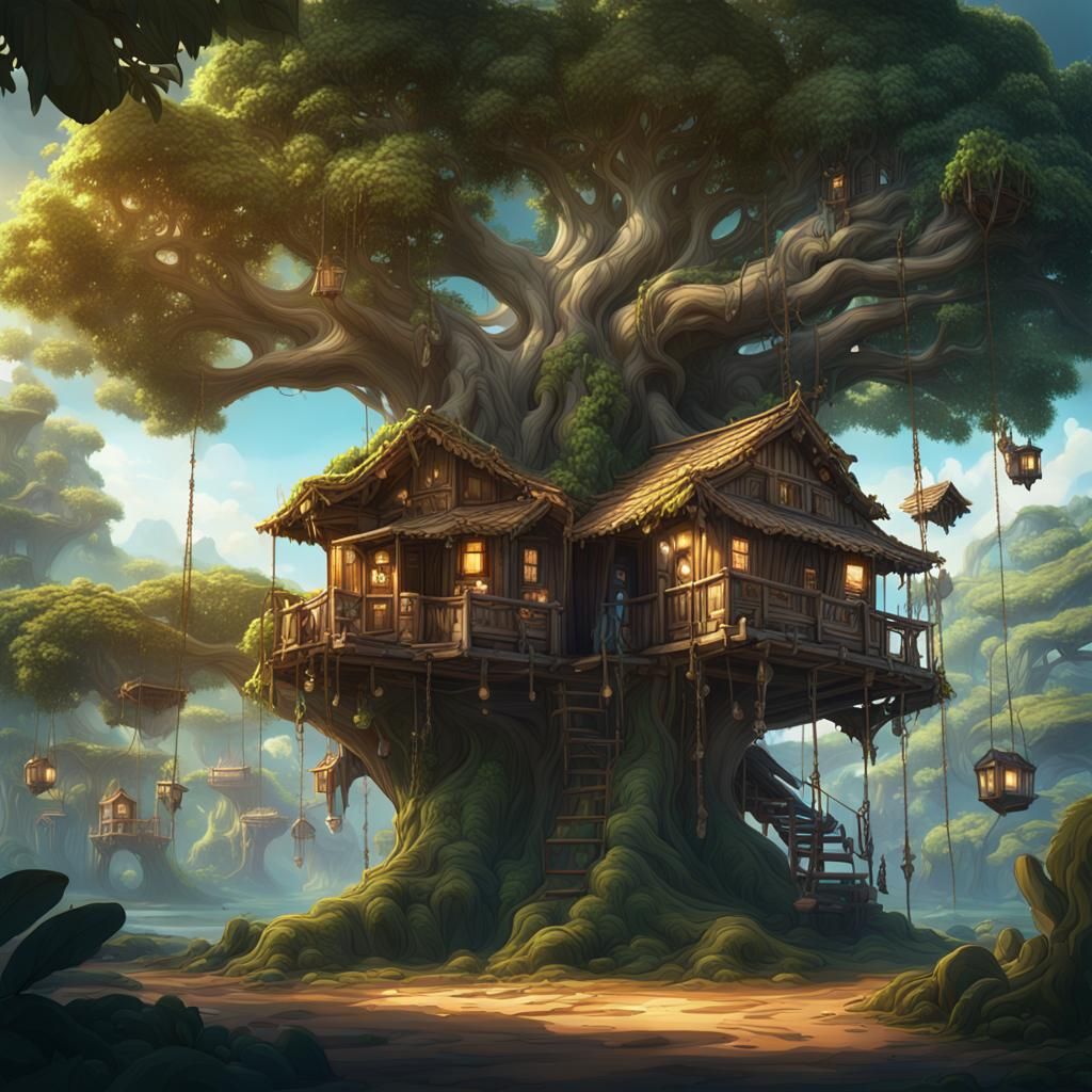 Large banyan tree, cute cabins hanging from branches like a ...
