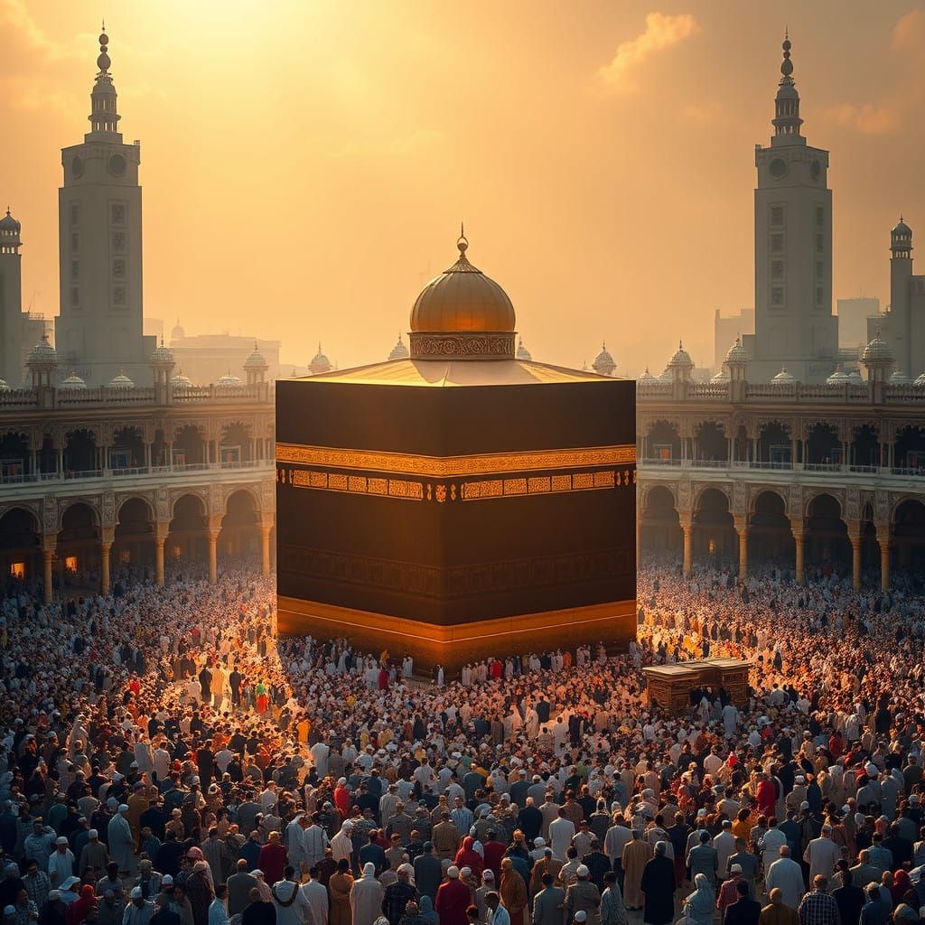 Golden Light Illuminates the Kaaba and Grand Mosque in Mecca