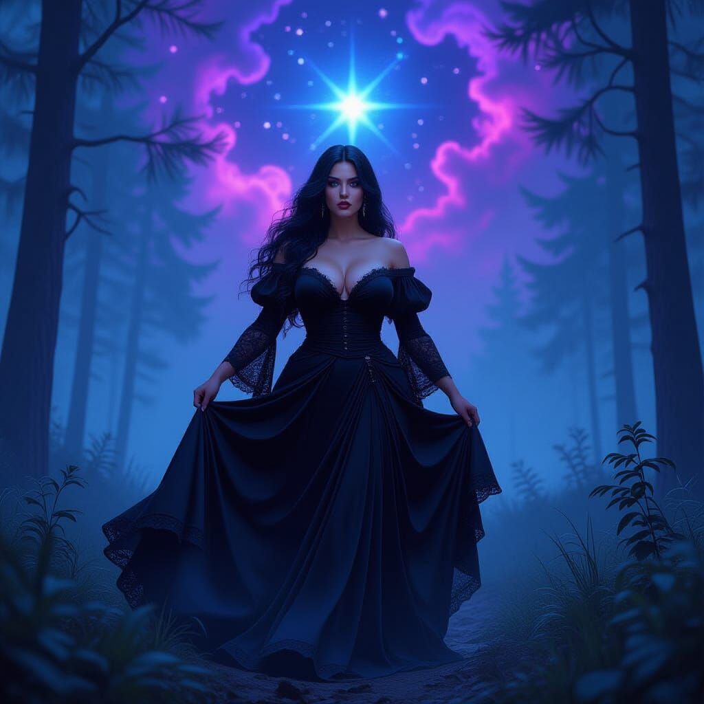 Surreal Woman-Witch in Psychedelic Starlit Forest