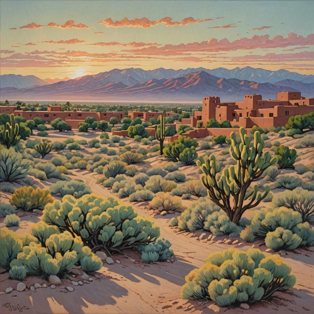 Albuquerque Adobes at Sunrise in Toshi Yoshida Style