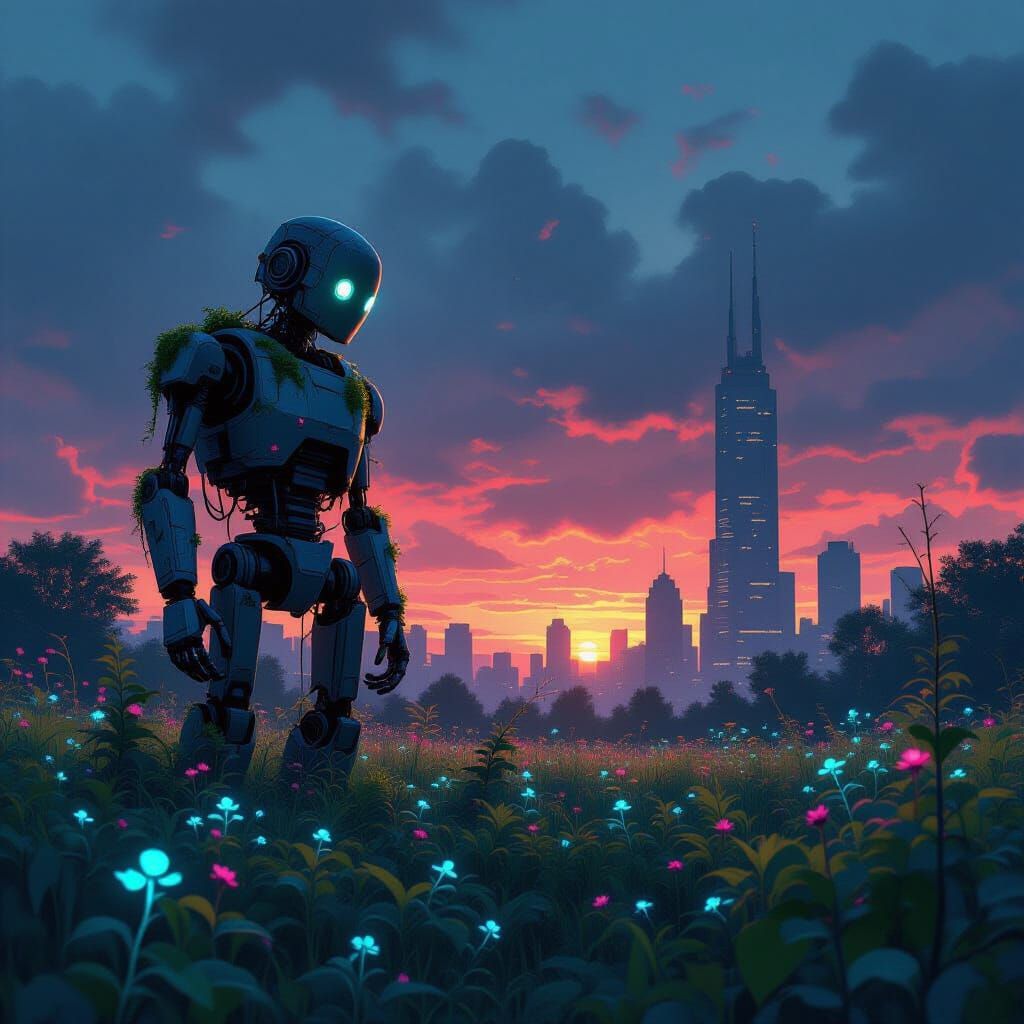 Weathered Robot in Bioluminescent Flora Field
