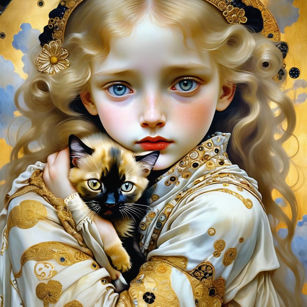 Crying Maiden with Kitten in Klimt Gold Style