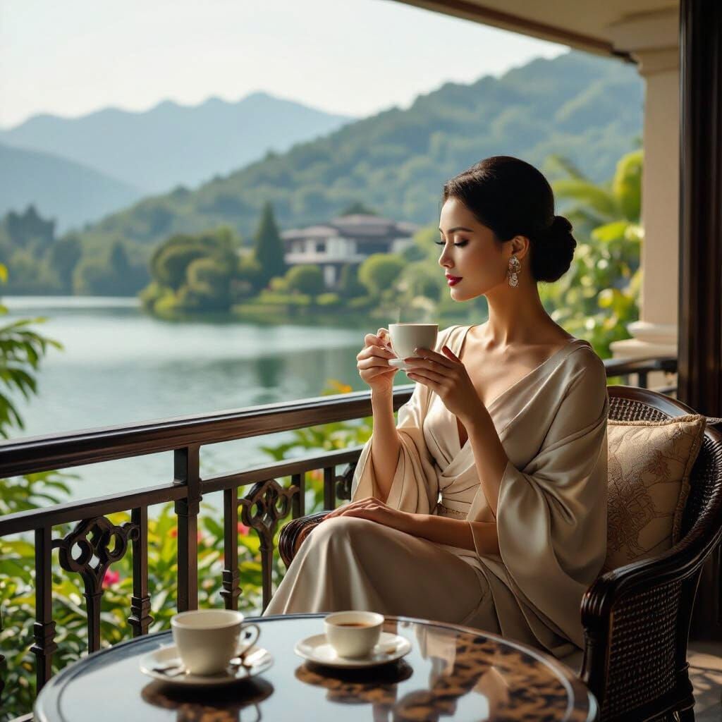 Elegant Woman Sipping Coffee at Shangri-La Hotel