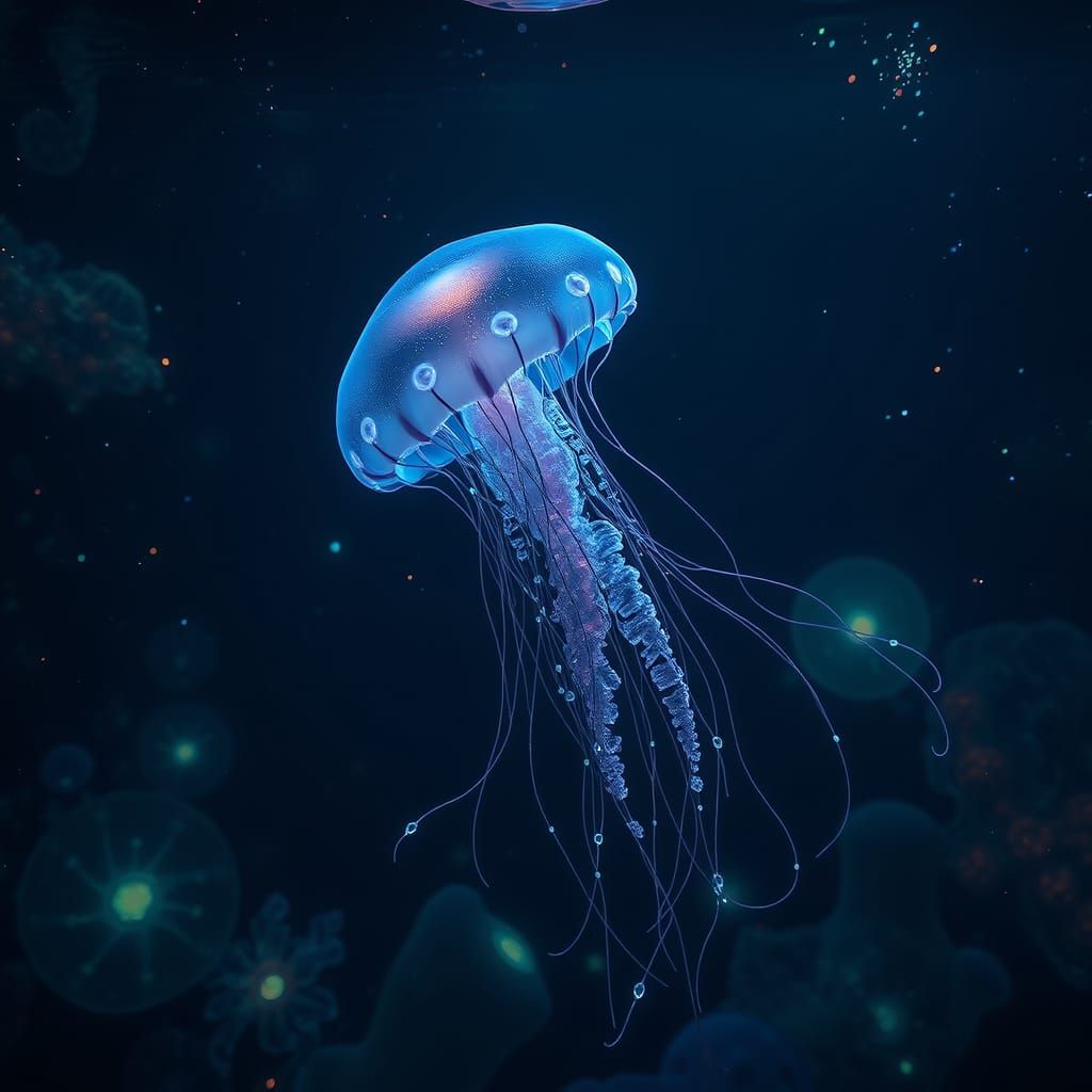 Surreal Bioluminescent Jellyfish Glides through Cosmic Ocean