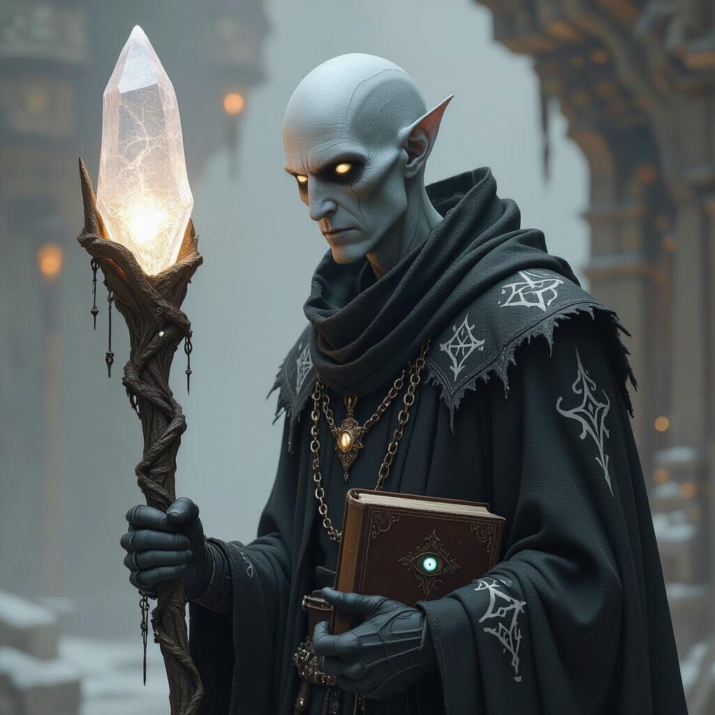 Gaunt Shadar-kai Figure with Glowing Crystal Staff