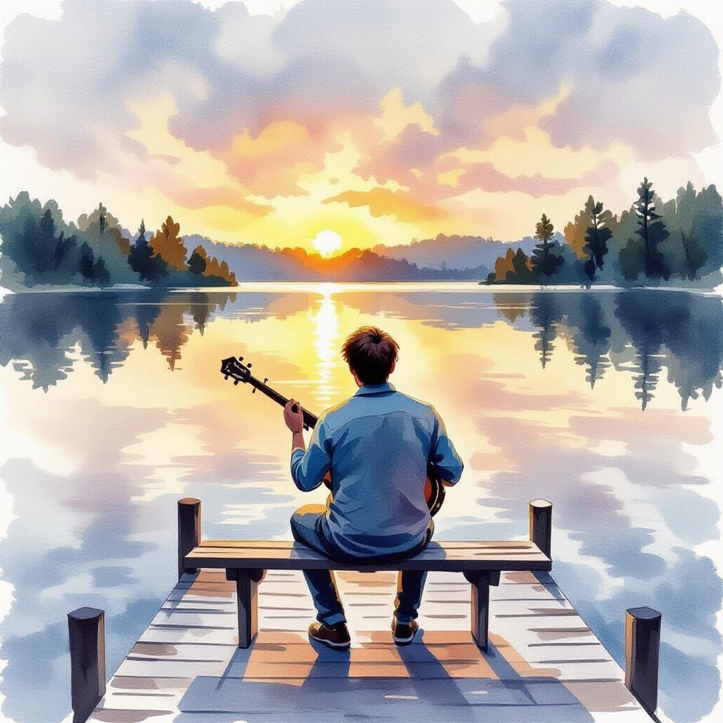 Man Plays Banjo on Pier Overlooking Lake at Dusk
