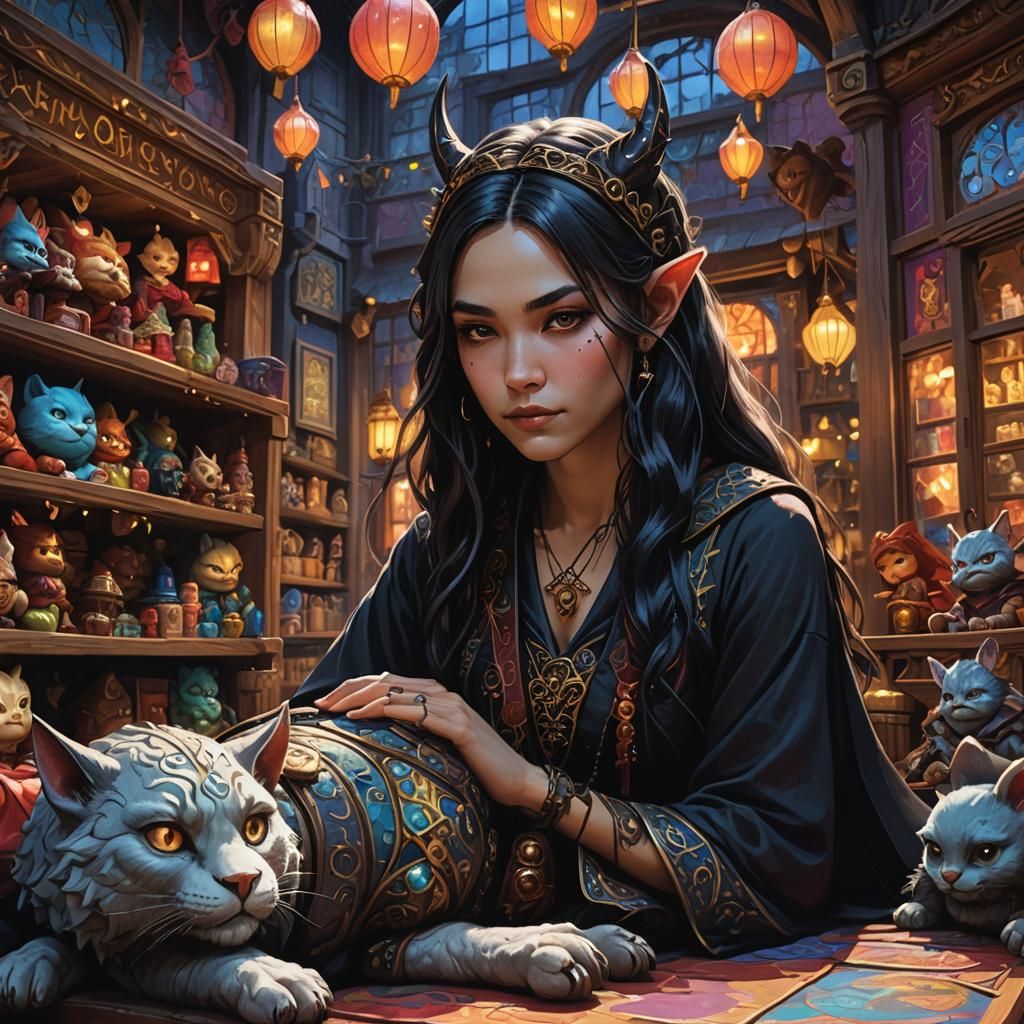 Dark Gothic Illustration of Woman in Toy Shop