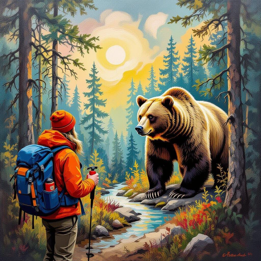 Surreal Forest Encounter: Hiker and Emerging Bear