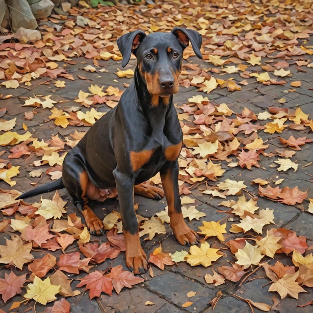Doberman Puppy in Autumn, Gouache Watercolor Style