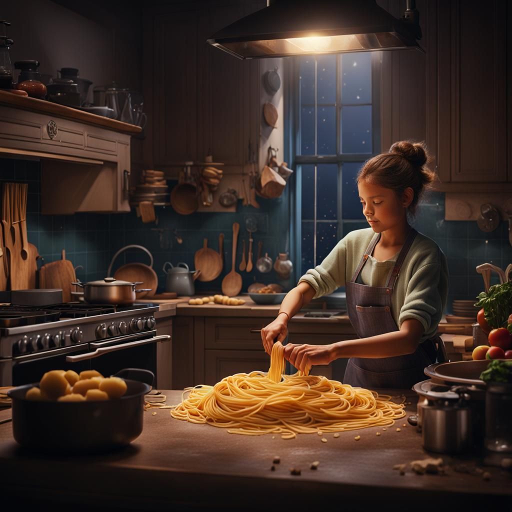 Woman Making Pasta in Kitchen: Matte Painting
