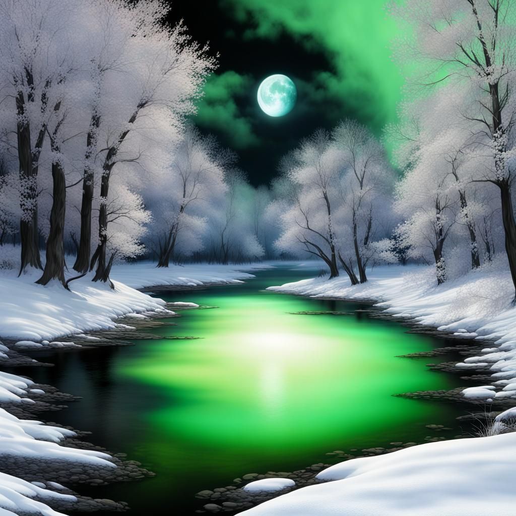 Glowing Wispy River with Bioluminescent Moon