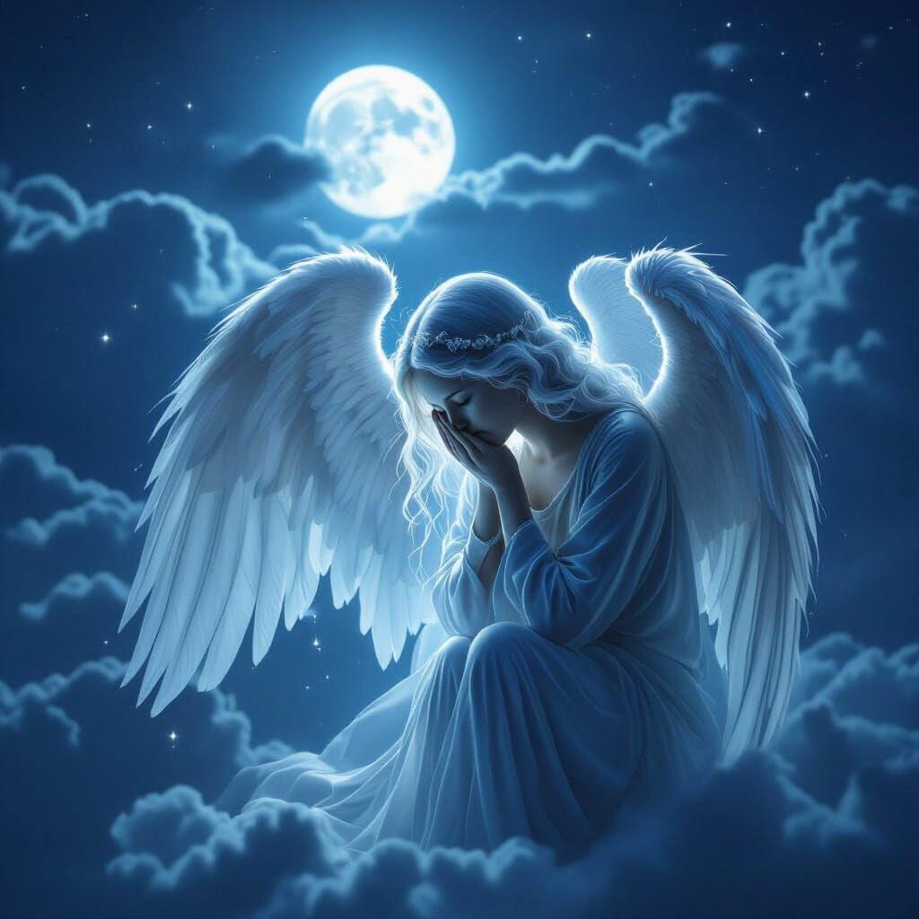 Guardian Angel Weeping Under Moonlit Clouds