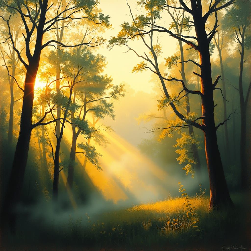 Impressionist Sunrise in Serene Forest Landscape