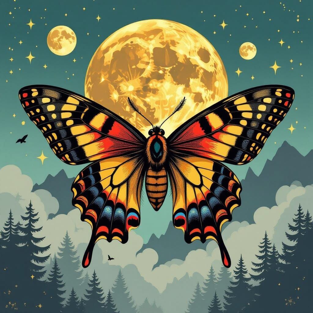 Grunge-Inspired Mothman in Eerie Moonlit Fog