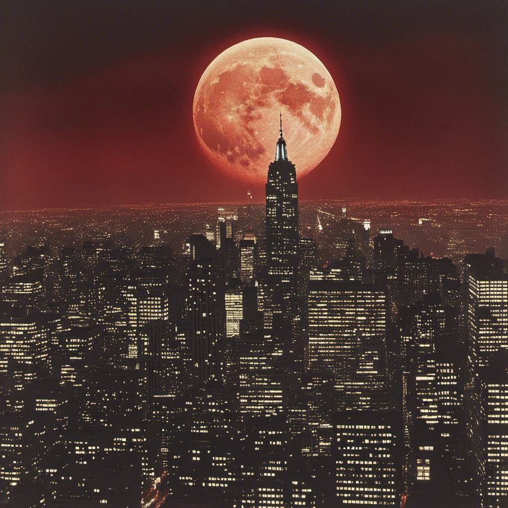 1980s New York City Skyline with Blood Moon