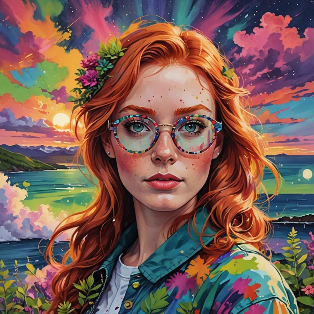 Retro Girl with Vibrant Clouds and Northern Lights