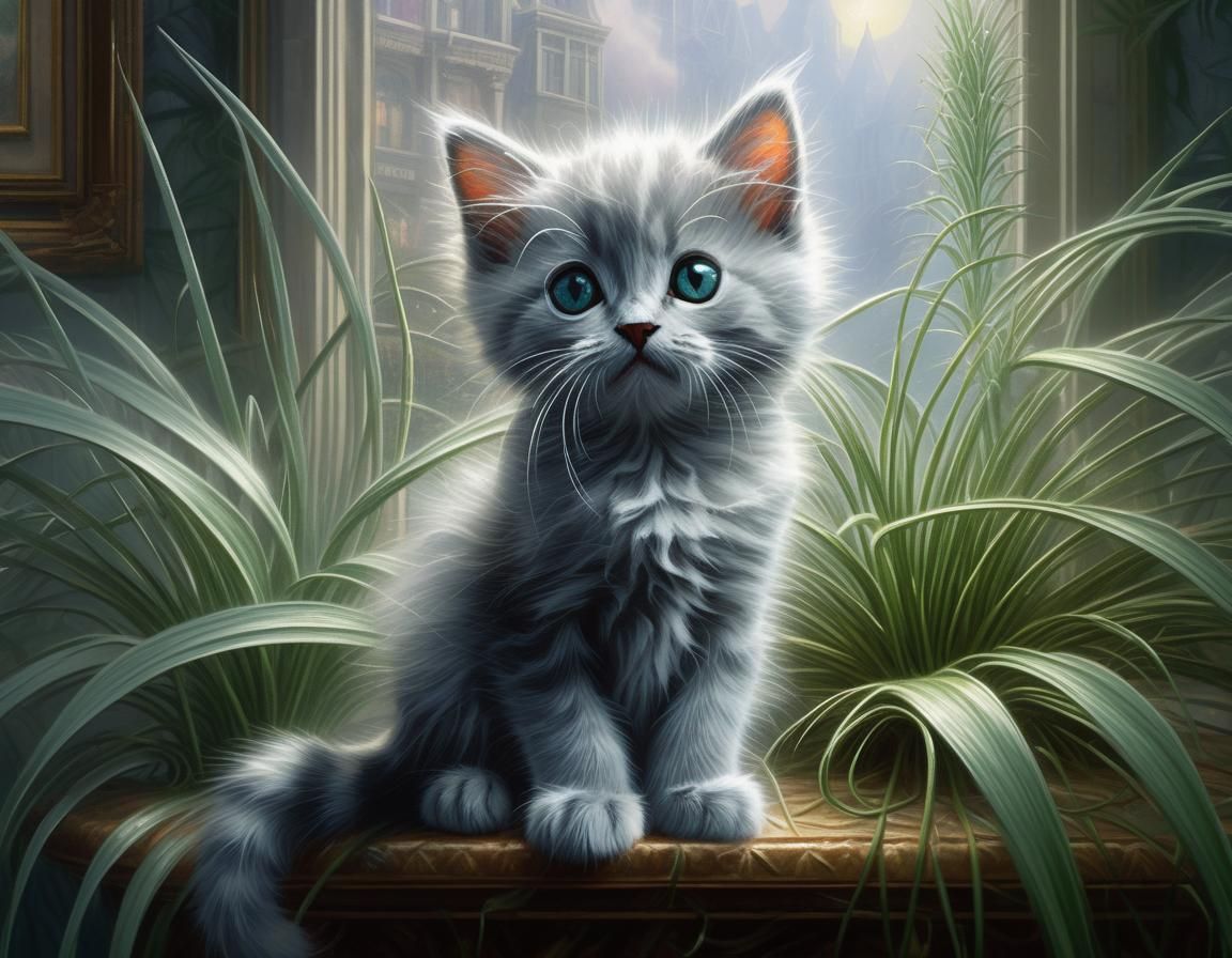 Fluffy Kitten in Spider Plant: Ethereal Oil Painting