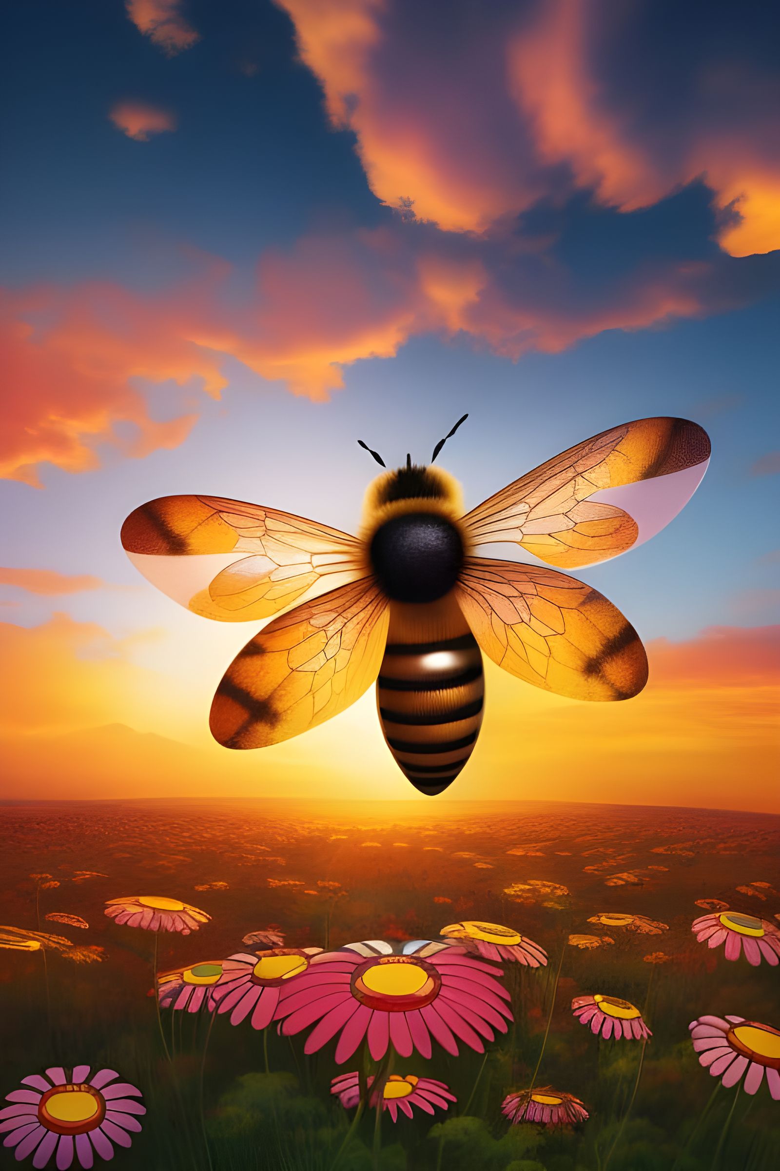 Honey Bee at Sunset in Surreal Style