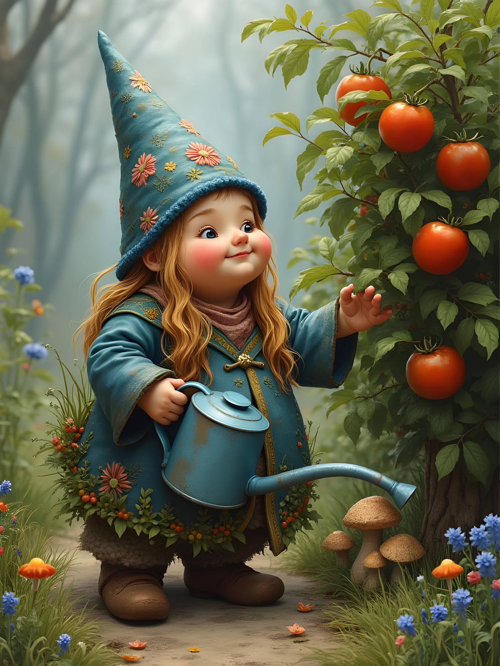 Whimsical Garden Gnome with Tomatoes, Digital Painting