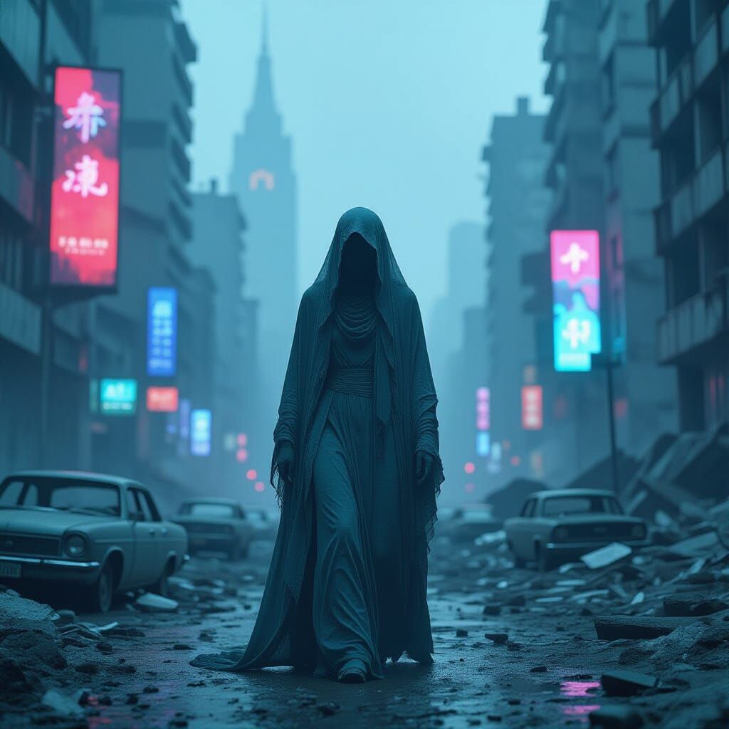 Ethereal Woman in Ruined Cyberpunk Cityscape