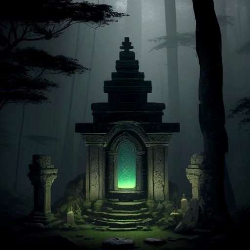 Forgotten Temple in Misty Jungle with Glowing Runes