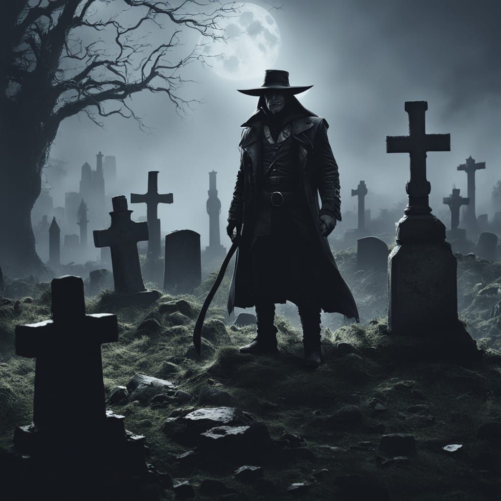 Vampire Hunter in Graveyard: Dark Fantasy Concept Art