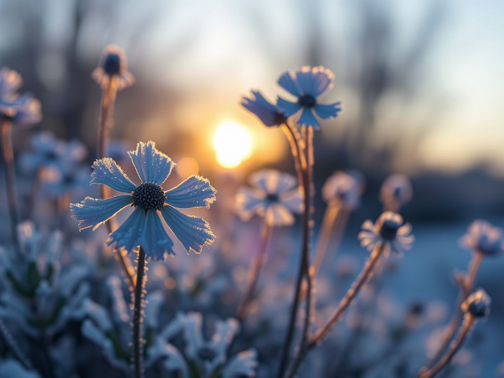 Iced Midnight Blue Flowers in Winter's Golden Hour