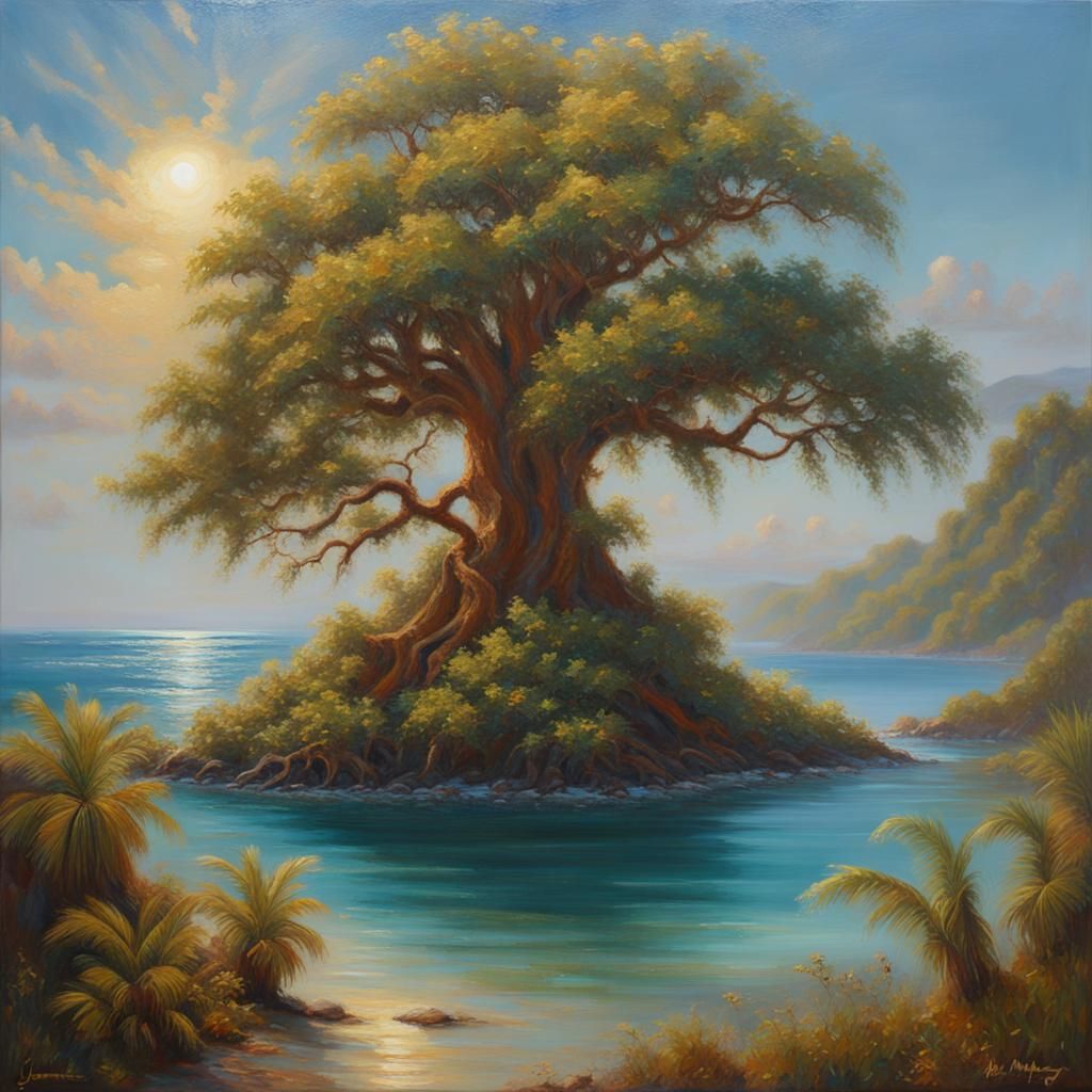 Island Oasis with Ancient Tree in Gurney Style
