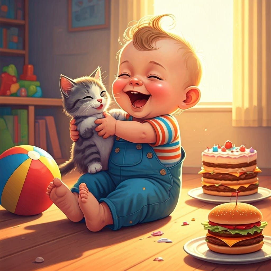 Cartoon Baby Laughing with Kitten in Playroom