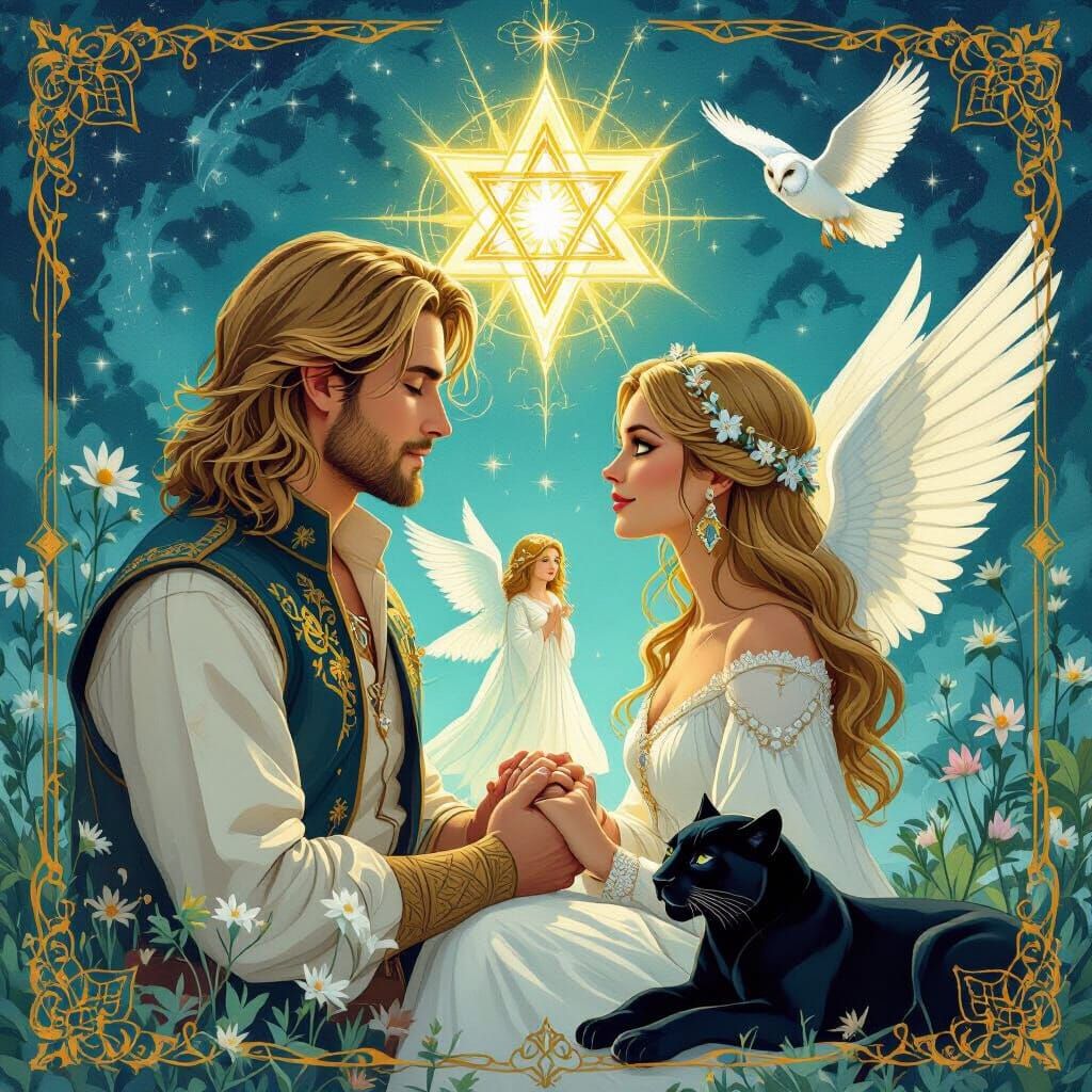 Lovers Tarot Couple with Angel: Dreamlike Digital Art