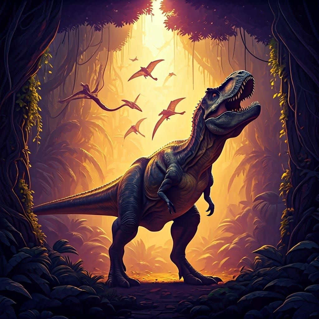 T-Rex in Mystical Jungle with Soaring Pterosaurs