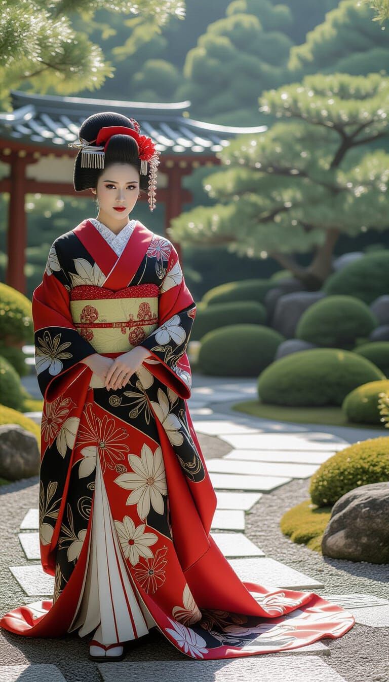 Geisha in Japanese Garden: Kurosawa-Miyazaki Style