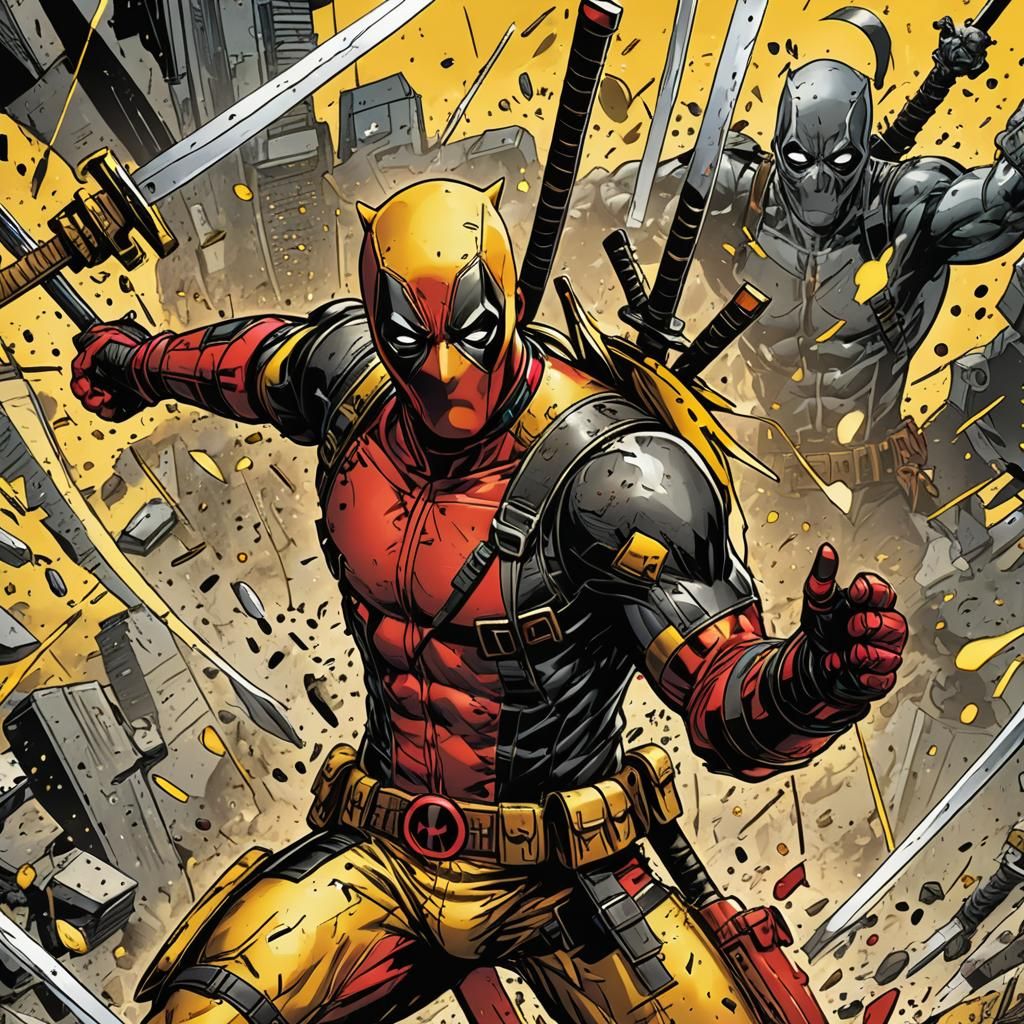 Deadpool Slashes with Swords in Comic Book Art