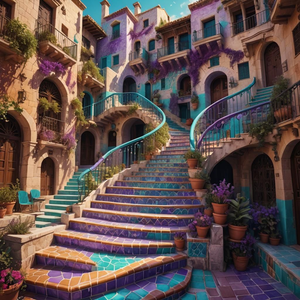 Turquoise and Purple Spanish Stairways in Concept Art