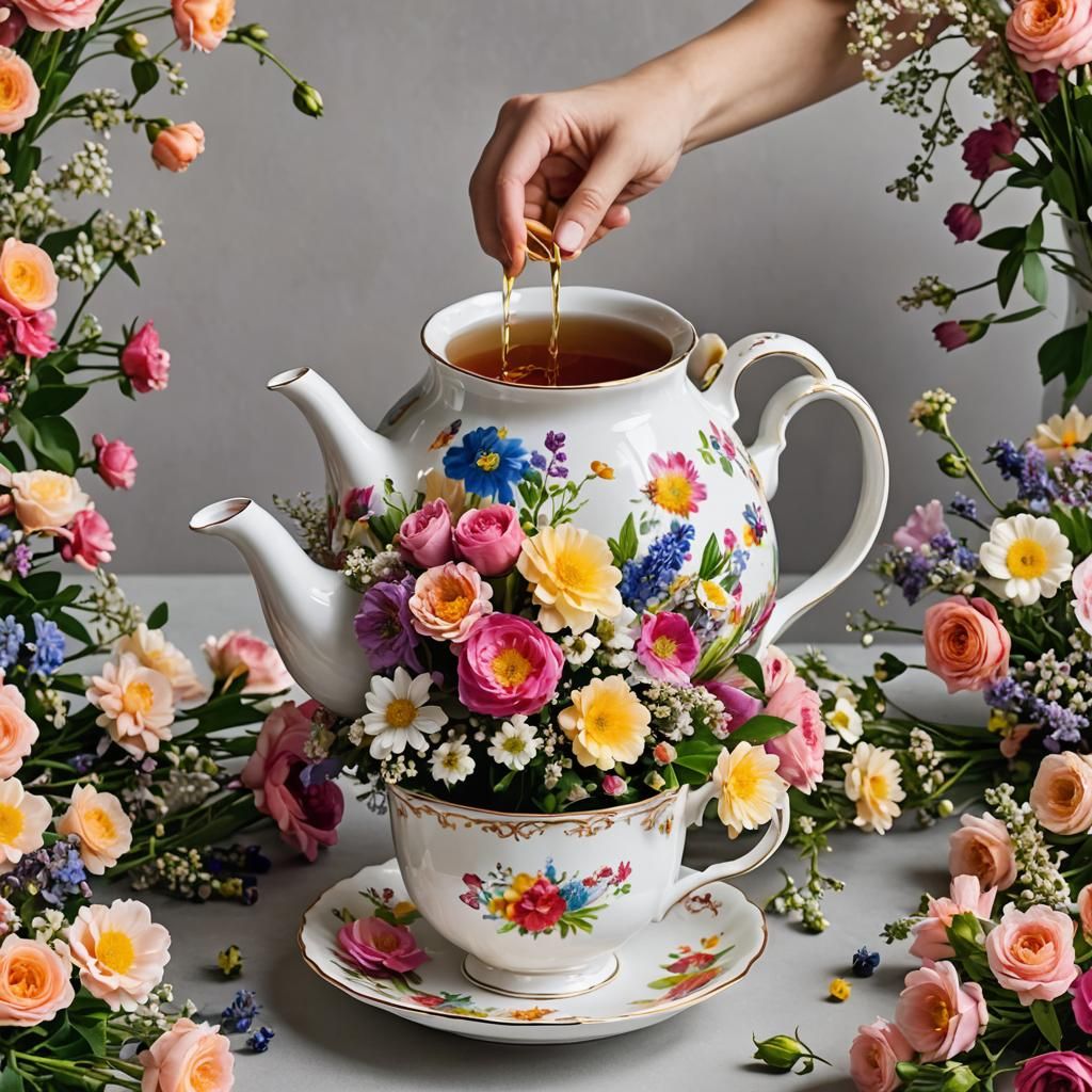 Floral Teapot Pouring Flowers into Teacup