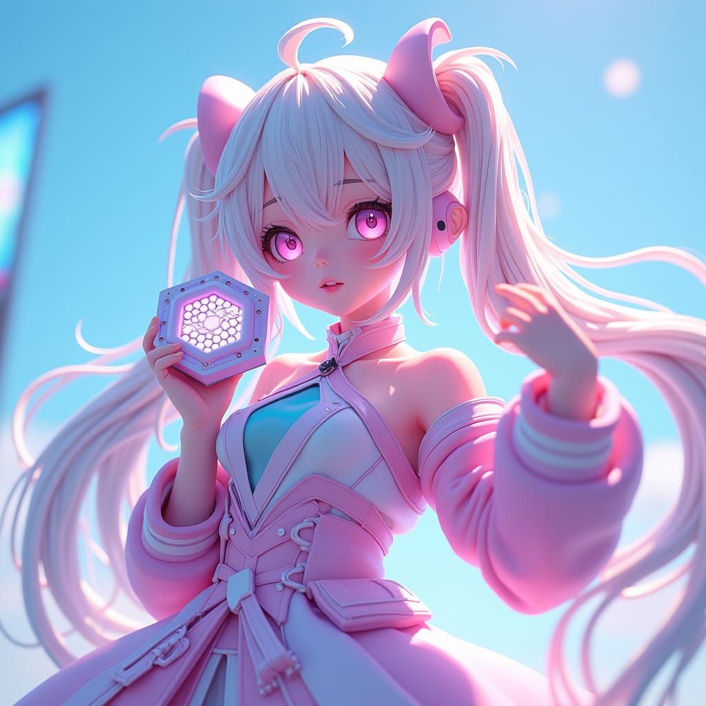 Anime Character with Hexagon Speaker in Pastel Hues