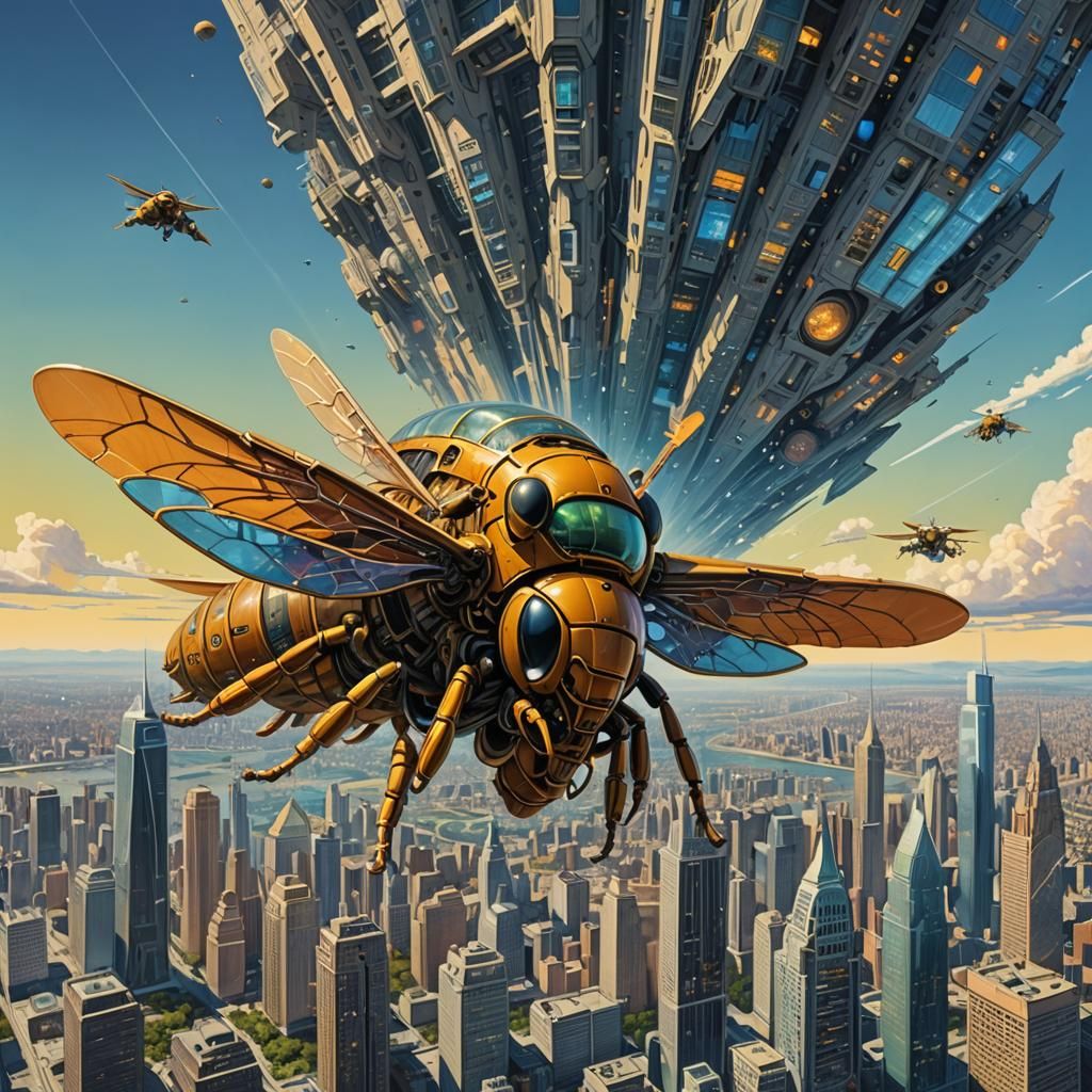 Gigantic Hornet Spaceship Over City in Moebius Style
