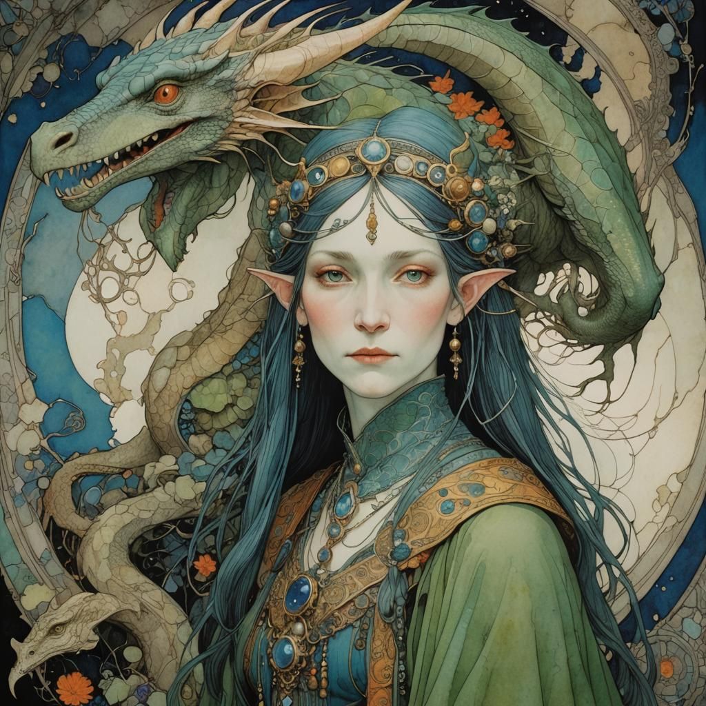 Elven Mother and Dragon Portrait in Whimsical Style