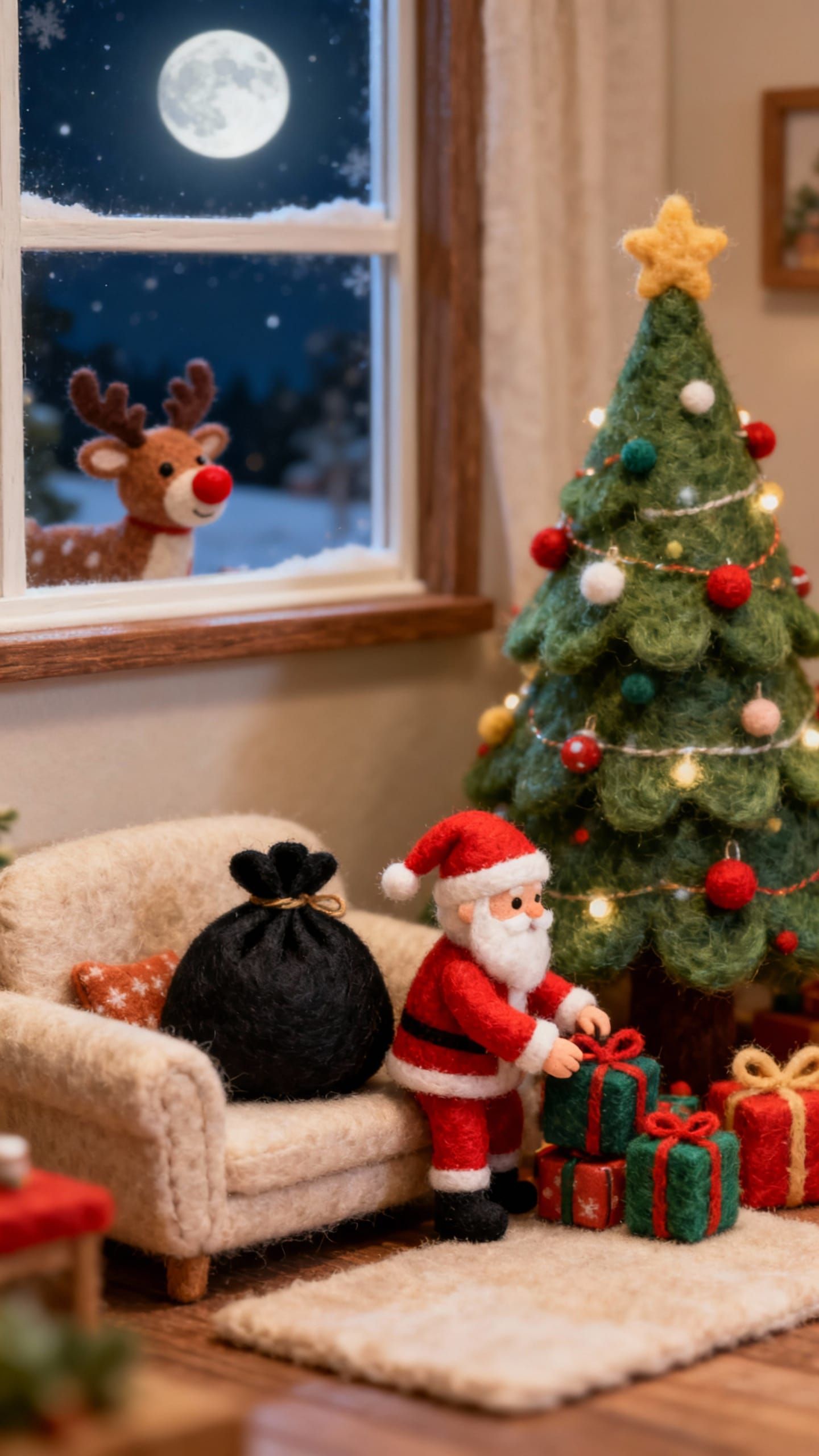 Miniature Felt Santa in Cozy Christmas Lounge