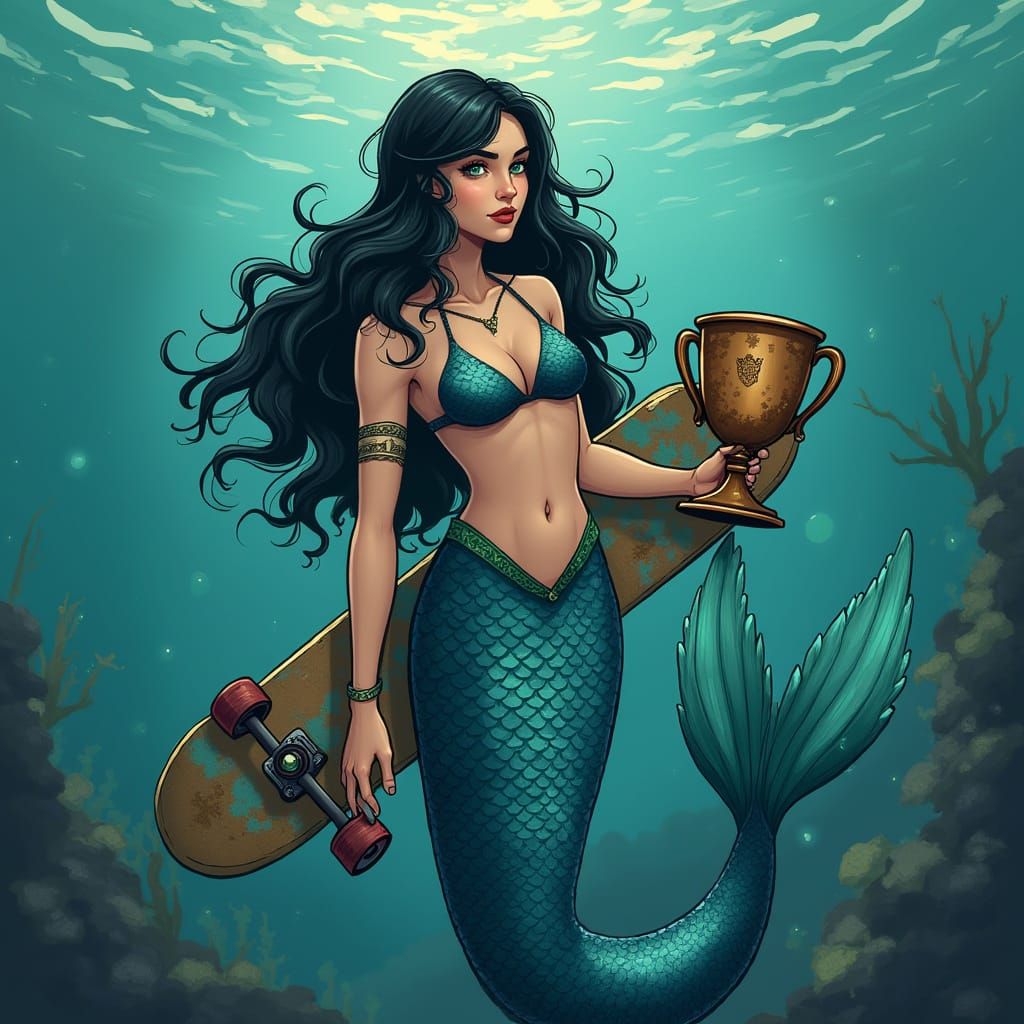 Mermaid with Skateboard and Trophy, James Jean Style