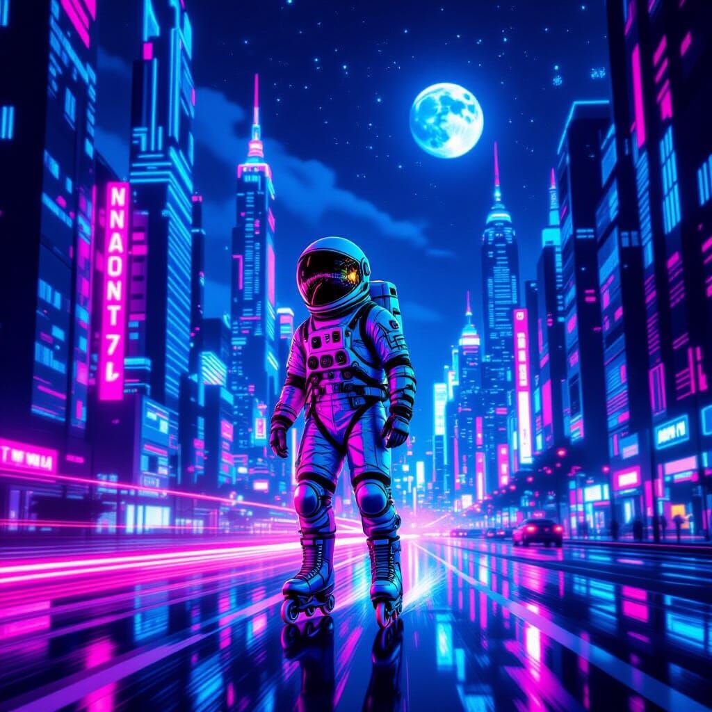 Astronaut Rollerblading in Cyberpunk Retro-Futuristic Citysc...