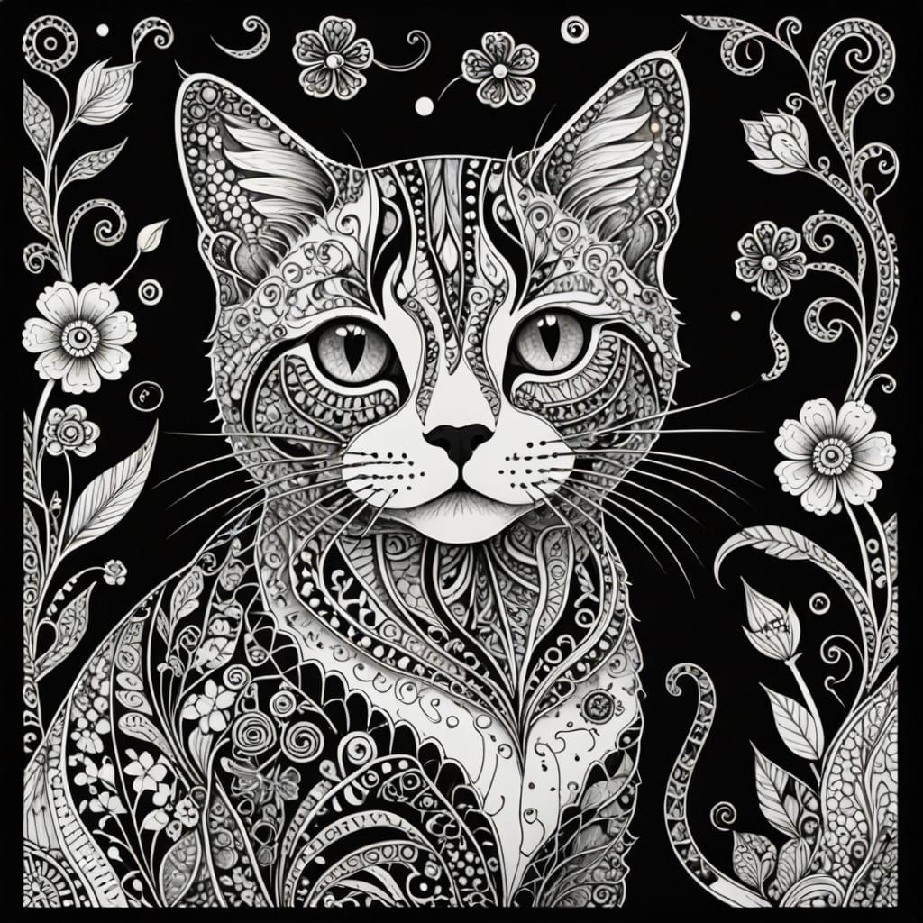 Whimsical Zentangle Cat in Monochrome