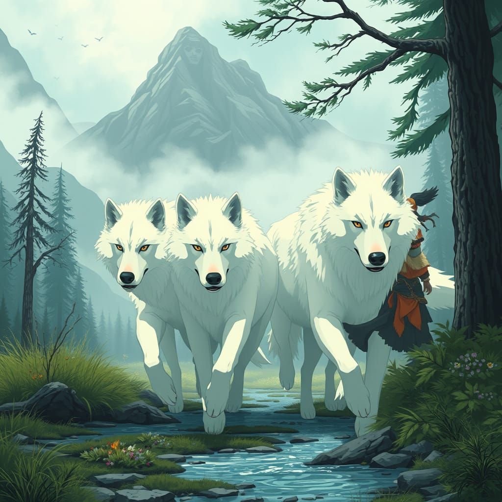 Ghibli-Inspired Anime: White Wolves and Human Guardian